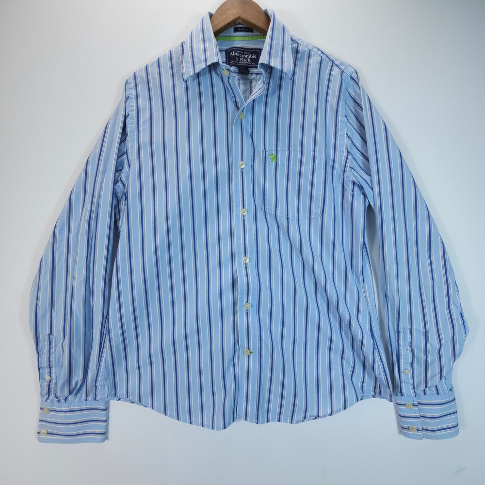 Abercrombie & Fitch Shirt Mens XL Blue Y2K Striped Muscle Fit Long Sleeve Button